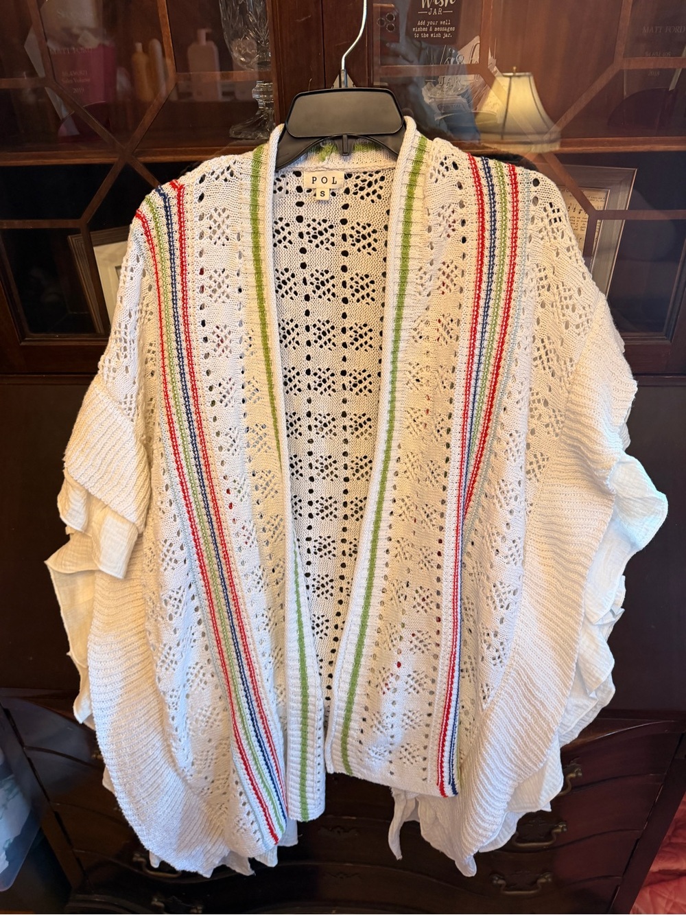 POL Open-Knit Cardigan in White with Red, Blue & Green Stripes